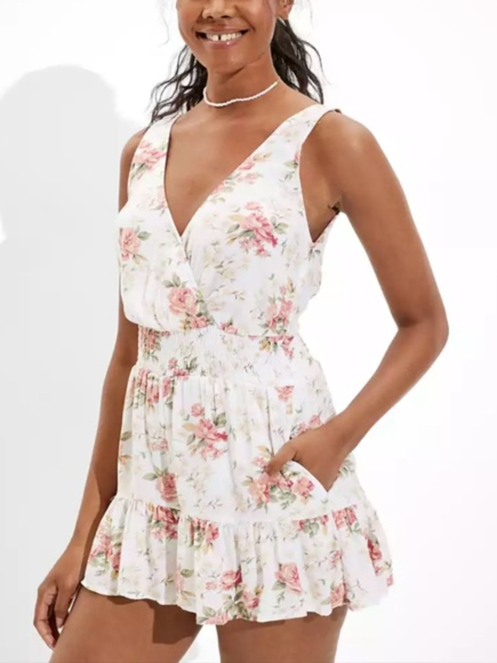 American Eagle Outfitters White Floral Romper with Pink Roses